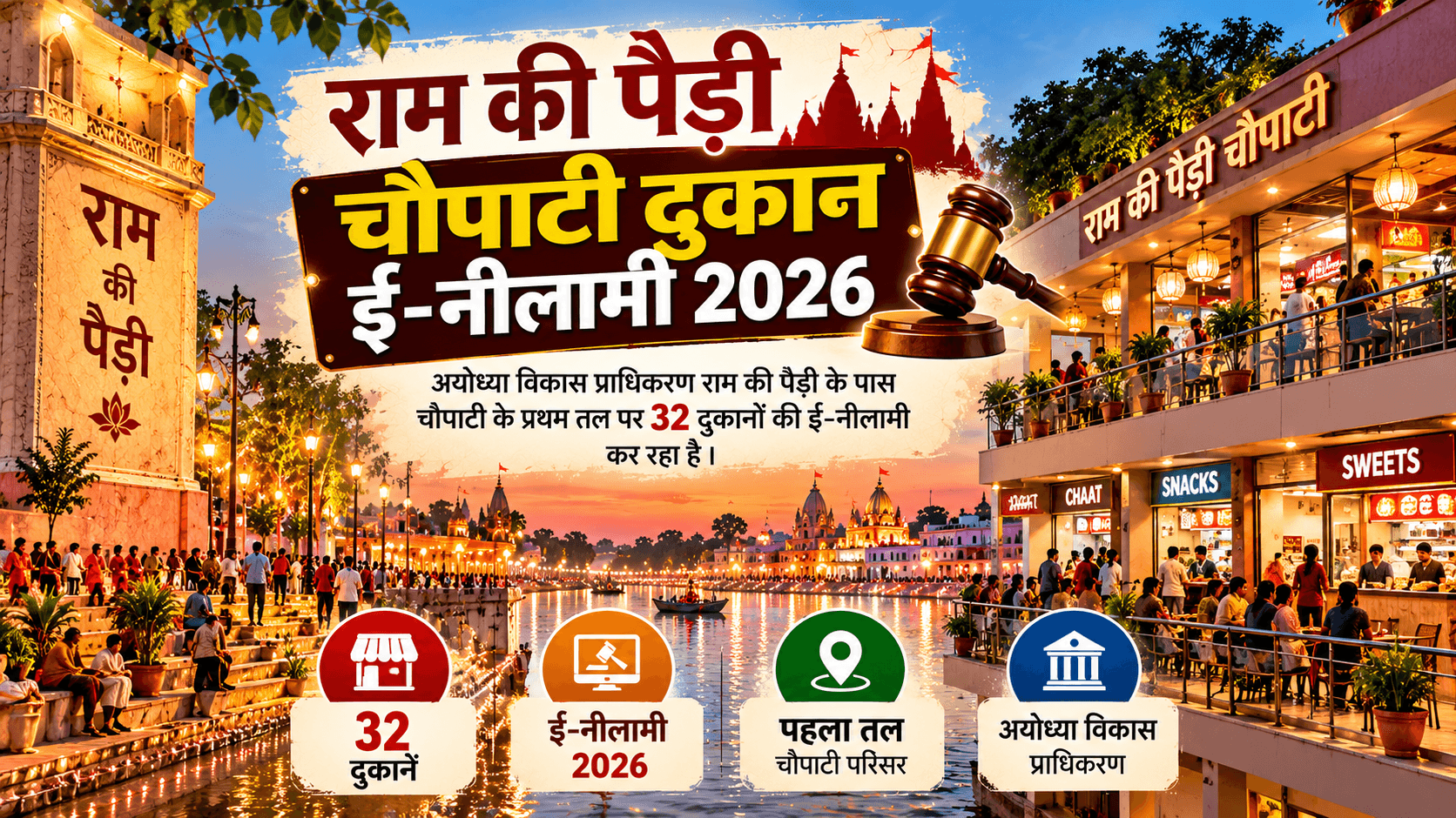 शाम के समय रोशनी से जगमगाते राम की पैड़ी घाट और सरयू के किनारे चौपाटी की दुकानें, ऊपर नीलामी हथौड़े के साथ “राम की पैड़ी चौपाटी दुकान ई-नीलामी 2026” लिखा है और नीचे 32 दुकानें, पहला तल व अयोध्या विकास प्राधिकरण के संकेत