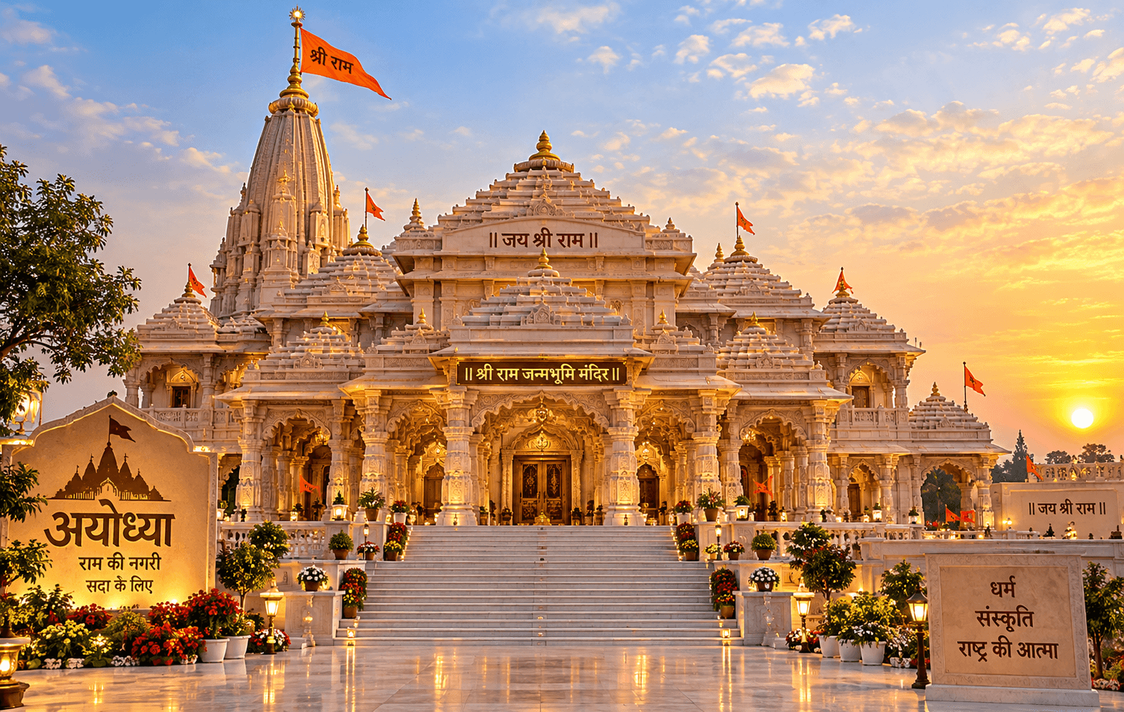 Ayodhya Ram Mandir illustrated at sunrise